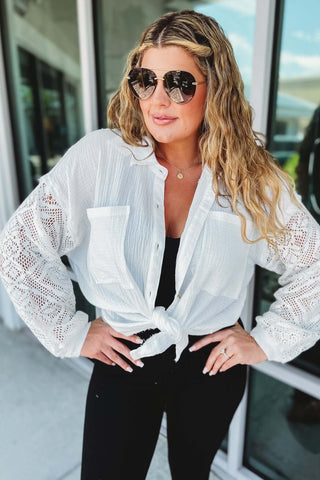 The Madison Crochet Sleeve Button Down Shirt - Simply Me Boutique