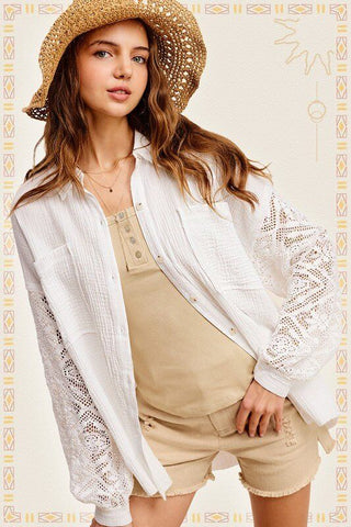 The Madison Crochet Sleeve Button Down Shirt - Simply Me Boutique