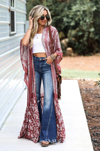 The Mia Wine Paisley Tapestry Kimono - Simply Me Boutique