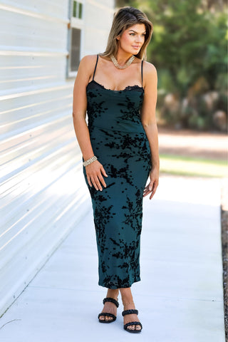 The Moonlit Evergreen Velvet Midi Lace Dress - Simply Me Boutique