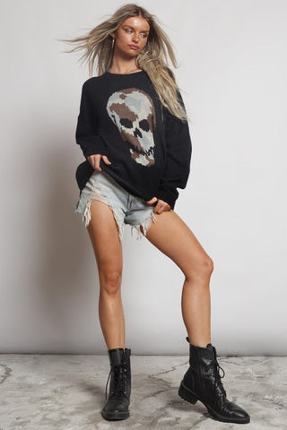 The Rebel Skull Washed Finish Sweater - Simply Me Boutique