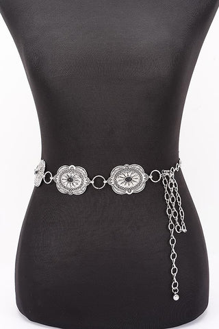 *The Tatum Western Ornate Disc Chain Belt (Black/Silver) - Simply Me Boutique