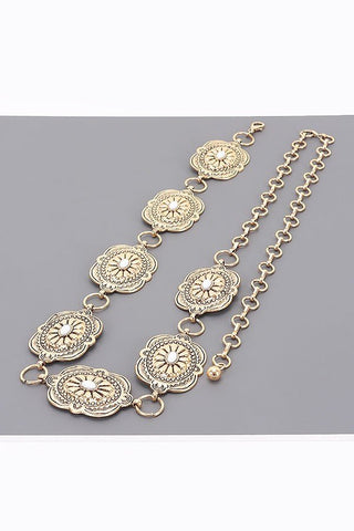 *The Tatum Western Ornate Disc Chain Belt (White/Gold) - Simply Me Boutique