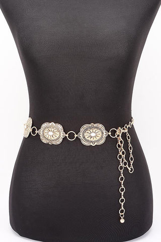 *The Tatum Western Ornate Disc Chain Belt (White/Gold) - Simply Me Boutique