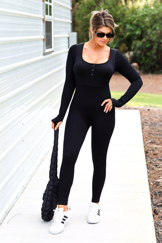 The Vegas Black Long Sleeve Ribbed Jumpsuit - Simply Me Boutique