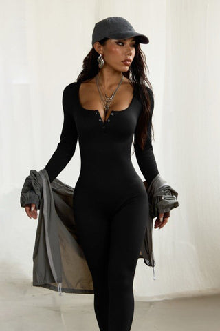 The Vegas Black Long Sleeve Ribbed Jumpsuit - Simply Me Boutique