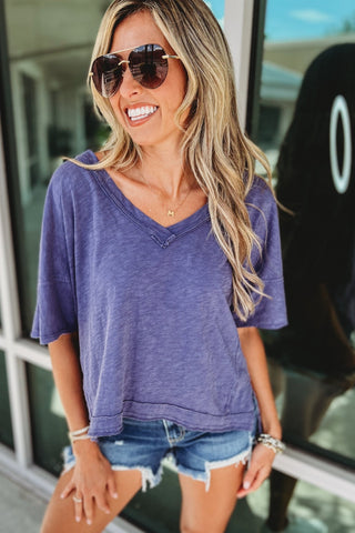 The Weekender Raw Edge Indigo Shorter Length Tee - Simply Me Boutique