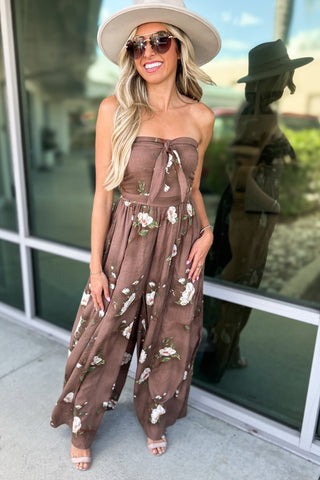 The Wildflower Wide Leg Brown Floral Jumpsuit - Simply Me Boutique