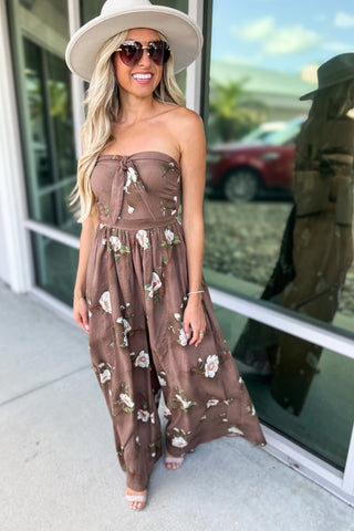 The Wildflower Wide Leg Brown Floral Jumpsuit - Simply Me Boutique