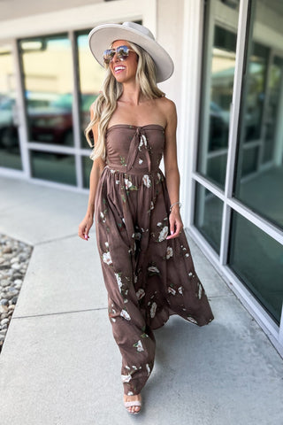 The Wildflower Wide Leg Brown Floral Jumpsuit - Simply Me Boutique