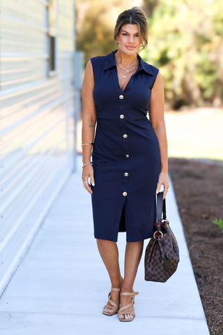 Timeless Chic Navy Button Down Midi Dress - Simply Me Boutique