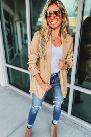 Venti 6 Nothing Can Compare Ruched Sleeve Faux Leather Nude Blazer - Simply Me Boutique