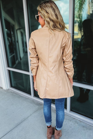 Venti 6 Nothing Can Compare Ruched Sleeve Faux Leather Nude Blazer - Simply Me Boutique