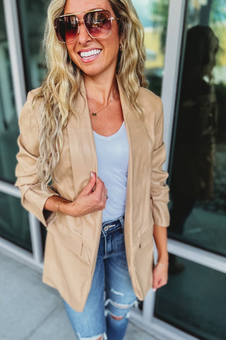 Venti 6 Nothing Can Compare Ruched Sleeve Faux Leather Nude Blazer - Simply Me Boutique