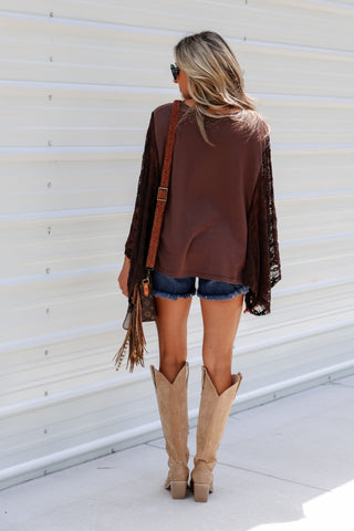 Vintage Cowboy Kaftan Lace Sleeve Kimono Top (BROWN) - Simply Me Boutique