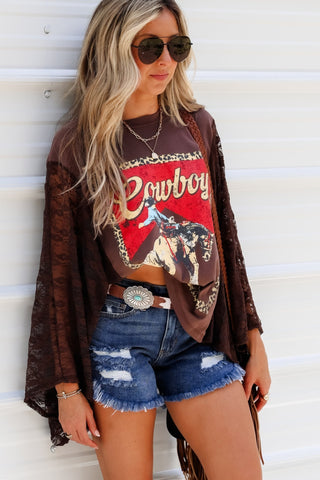 Vintage Cowboy Kaftan Lace Sleeve Kimono Top (BROWN) - Simply Me Boutique