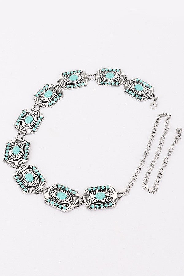 Vintage Turquoise Rectangle Western Metal Chain Belt (Gold/Silver