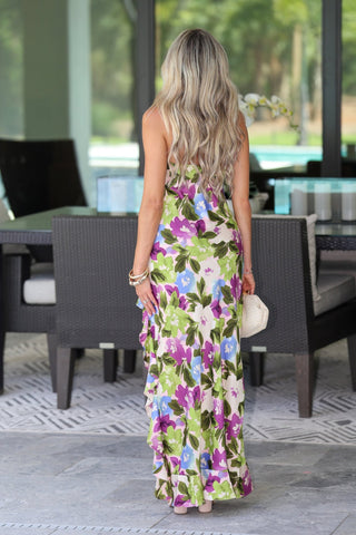 Violet Blooms Strapless Ruffled Slit Maxi Dress - Simply Me Boutique