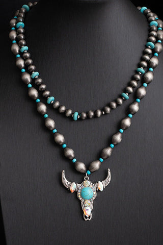 Western Beaded Turquoise Bull Head Pendant Necklace - Simply Me Boutique