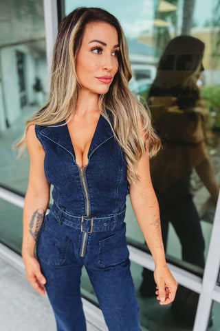 Western Denim Belted Jumpsuit - Simply Me Boutique