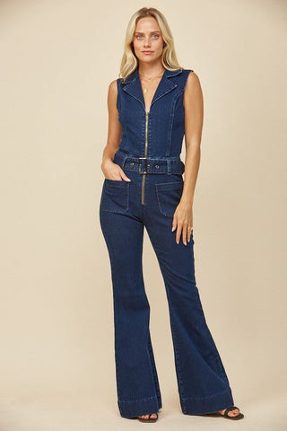 Western Denim Belted Jumpsuit - Simply Me Boutique