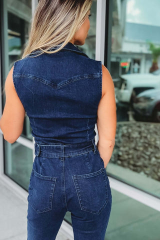 Western Denim Belted Jumpsuit - Simply Me Boutique