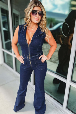 Western Denim Belted Jumpsuit - Simply Me Boutique