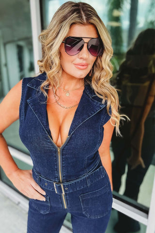 Western Denim Belted Jumpsuit - Simply Me Boutique