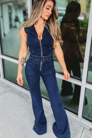 Western Denim Belted Jumpsuit - Simply Me Boutique