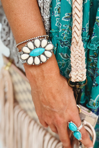 Western Floral Cream Turquoise Flexible Open Bangle - Simply Me Boutique