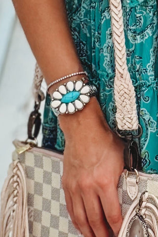 Western Floral Cream Turquoise Flexible Open Bangle - Simply Me Boutique