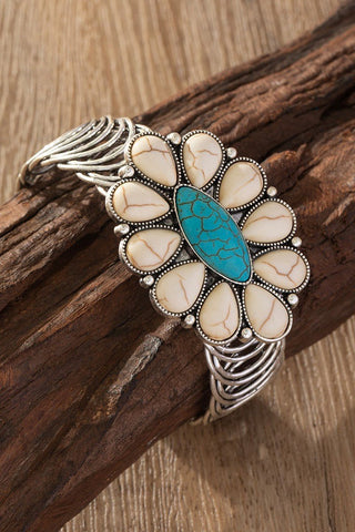 Western Floral Cream Turquoise Flexible Open Bangle - Simply Me Boutique