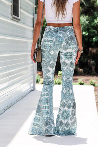 Western Medallion Aqua Blue Flare Jeans - Simply Me Boutique