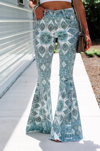 Western Medallion Aqua Blue Flare Jeans - Simply Me Boutique