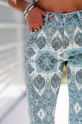 Western Medallion Aqua Blue Flare Jeans - Simply Me Boutique