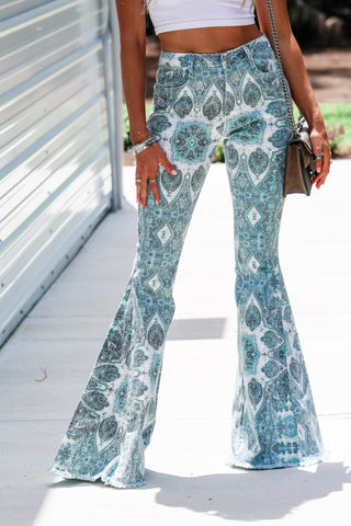 Western Medallion Aqua Blue Flare Jeans - Simply Me Boutique