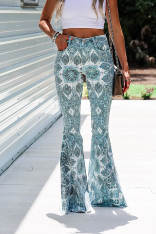 Western Medallion Aqua Blue Flare Jeans - Simply Me Boutique