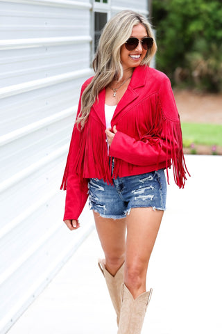 Western Rebel Red Fringe Suede Moto Jacket - Simply Me Boutique