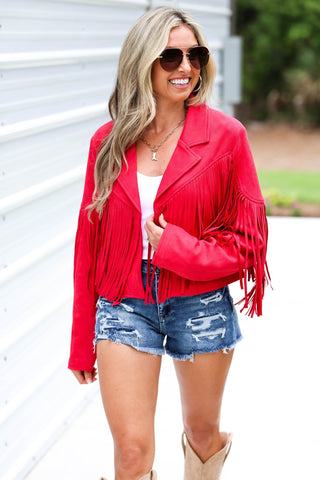 Western Rebel Red Fringe Suede Moto Jacket - Simply Me Boutique