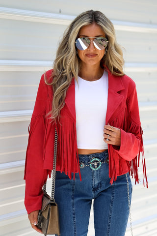 Western Rebel Red Fringe Suede Moto Jacket - Simply Me Boutique