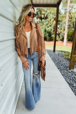 Western Rebel Tan Fringe Suede Moto Jacket - Simply Me Boutique
