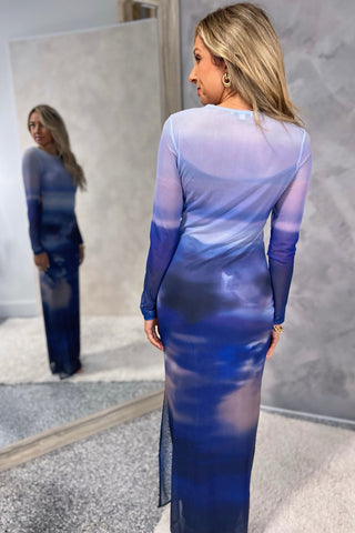 What a Stunner Long Sleeve Mesh Blue Ombre Dress - Simply Me Boutique