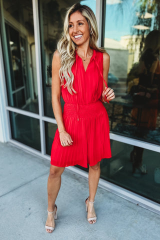 Where the Heart Is Coral Red Pleated Dress - Simply Me Boutique