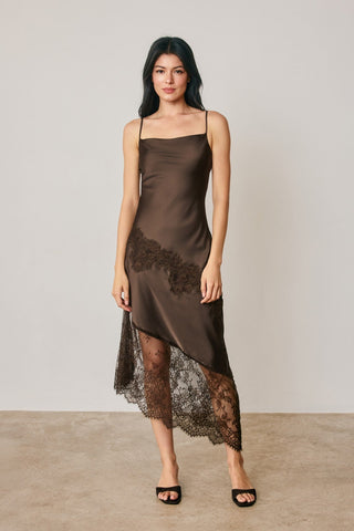 Whispered Secrets Cowl Neck Lace Asymmetrical Hem Dress (Brown) - Simply Me Boutique
