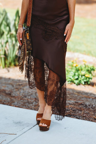 Whispered Secrets Cowl Neck Lace Asymmetrical Hem Dress (Brown) - Simply Me Boutique