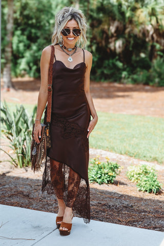 Whispered Secrets Cowl Neck Lace Asymmetrical Hem Dress (Brown) - Simply Me Boutique