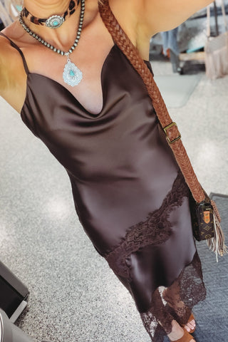 Whispered Secrets Cowl Neck Lace Asymmetrical Hem Dress (Brown) - Simply Me Boutique