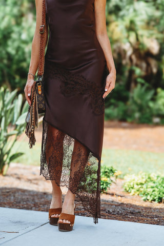 Whispered Secrets Cowl Neck Lace Asymmetrical Hem Dress (Brown) - Simply Me Boutique