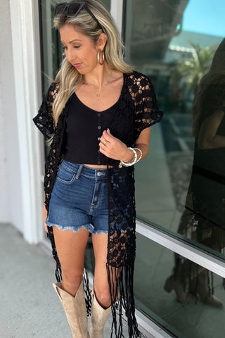 Whispering Willow Black Crochet Fringe Kimono - Simply Me Boutique