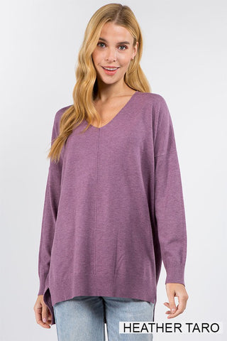Bright Future Heather Mulberry Rounded V Neck Sweater